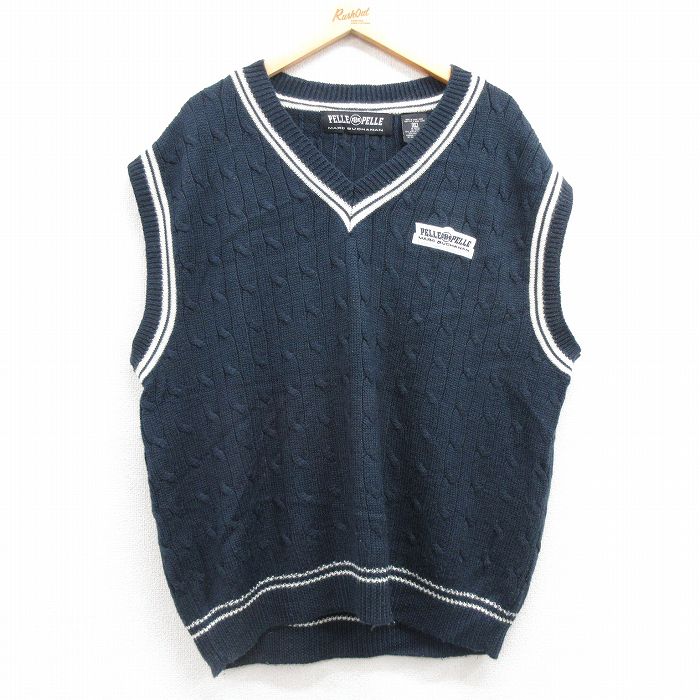 XL★古着 ペレペレマークギャナン チルデン ケーブル ニット ベスト メンズ ワンポイントロゴ Vネック 紺他 ネイビー 25feb03 中古 トップス