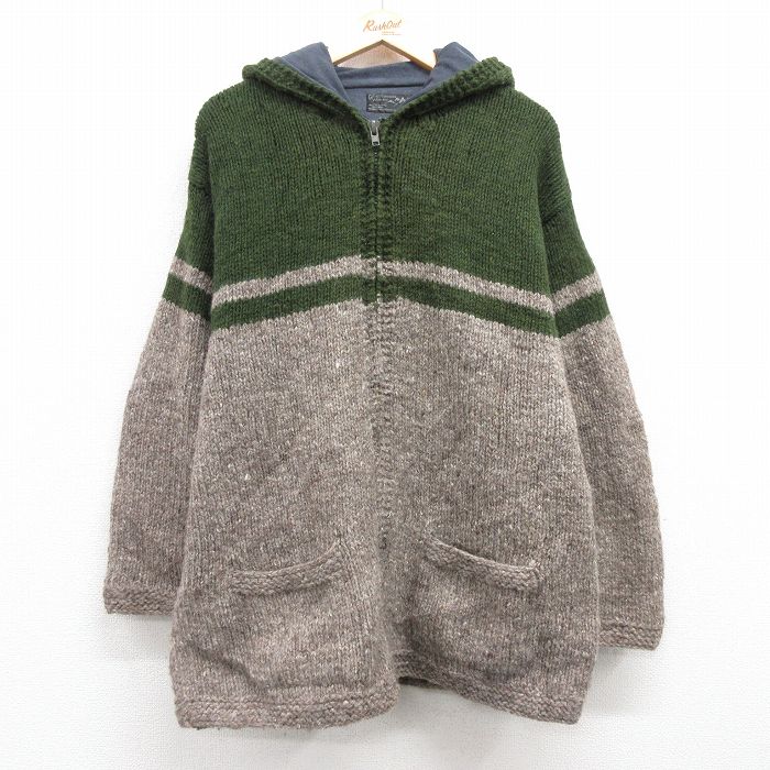 XL★古着 長袖 フルジップ ニット カーディガン パーカー メンズ 00年代 00s ウール 緑他 グリーン 内側フリース 25feb03 中古 トップス