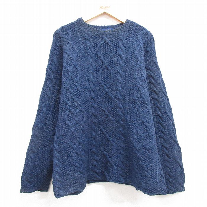 L★古着 ジェイクルー J.CREW 長袖 ケーブル セーター メンズ ウール クルーネック 紺 ネイビー 25feb03 中古 ニット トップス