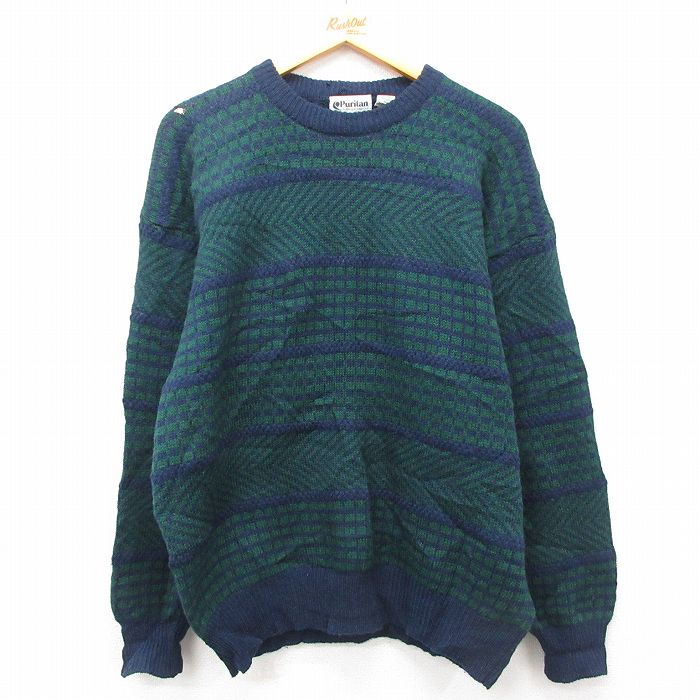 L★古着 ピューリタン 長袖 セーター メンズ 90年代 90s ウール クルーネック 緑他 グリーン 25feb03 中古 ニット トップス