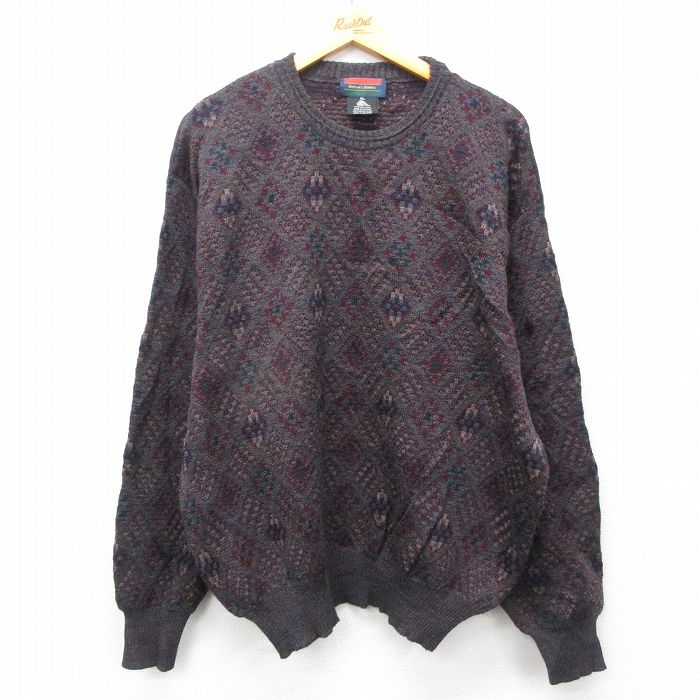 XL★古着 長袖 セーター メンズ 90年代 90s ウール クルーネック エンジ他 25feb03 中古 ニット トップス