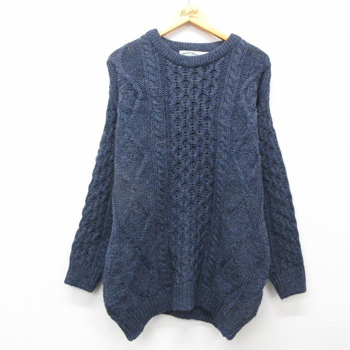 【50%OFF】L★古着 長袖 アラン フィッシャーマン ケーブル セーター メンズ 90年代 90s ロング丈 ウール クルーネック アイルランド製 紺 ネイビー 25feb03 中古 ニット トップス