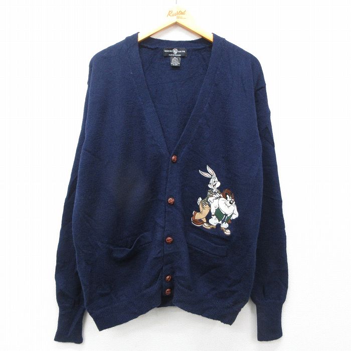 L★古着 長袖 ニット カーディガン メンズ 90年代 90s ルーニーテューンズ LOONEY TUNES バッグスバニー タズ クルーネック 紺 ネイビー 【spe】 25feb03 中古 トップス