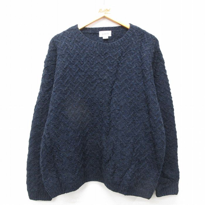 XL★古着 ジェイクルー J.CREW 長袖 セーター メンズ 00年代 00s 手編み ハンドニット ウール クルーネック 紺系 ネイビー 25feb03 中古 ニット トップス