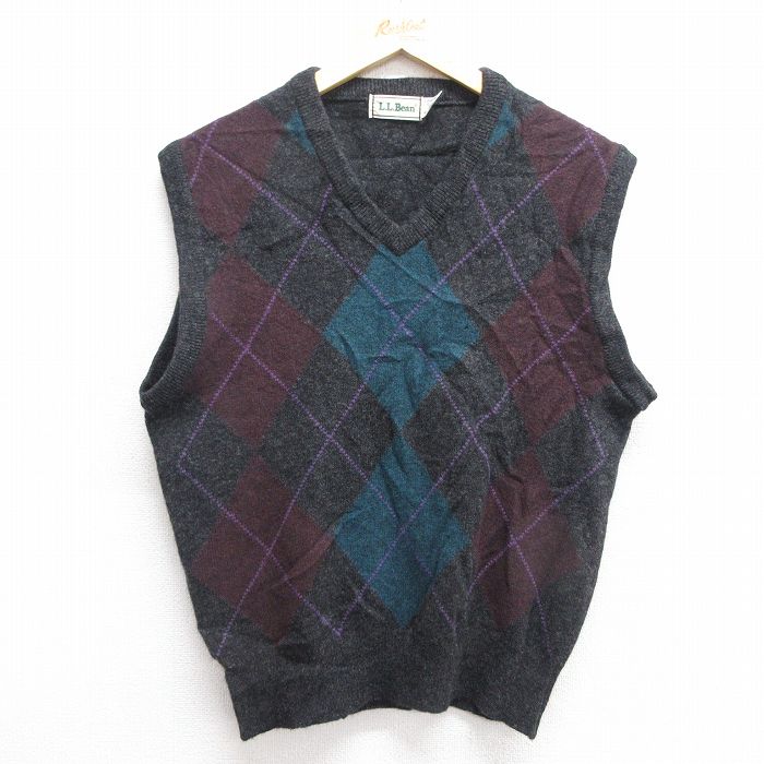 【50%OFF】M★古着 エルエルビーン LLBEAN ニット ベスト メンズ 80年代 80s アーガイル ラムウール Vネック スコットランド製 濃グレー 25feb04 中古 トップス