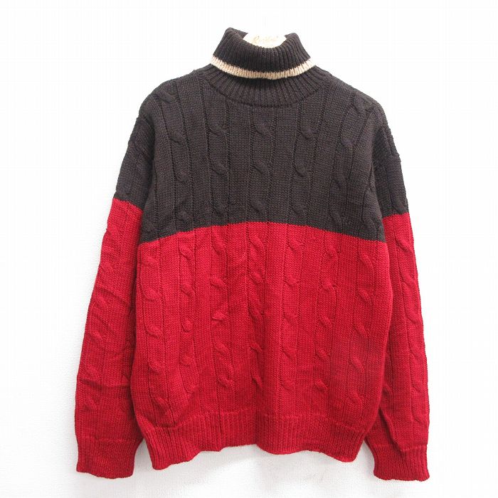 【50%OFF】L★古着 ジェイクルー J.CREW 長袖 ケーブル セーター メンズ 00年代 00s ウール タートルネック ハイネック 赤他 レッド 25feb04 中古 ニット トップス