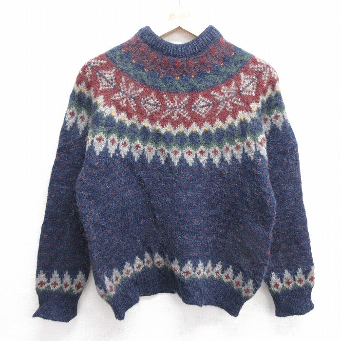 M★古着 ウールリッチ WOOLRICH 長袖 ノルディック セーター メンズ 90年代 90s 雪柄 ロパペイサ ウール モヘア モックネック ハイネック 紺 ネイビー 25feb04 中古 ニット トップス