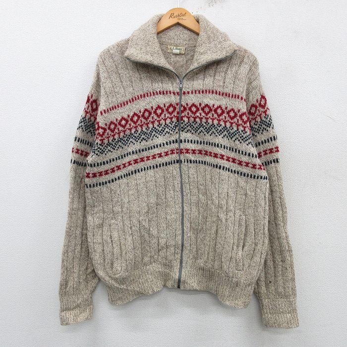 L★古着 エルエルビーン LLBEAN 長袖 フルジップ ニット カーディガン メンズ 80年代 80s ウール USA製 ベージュ カーキ 霜降り 25feb05 中古 トップス