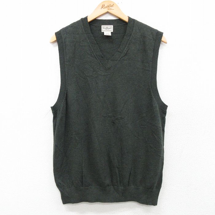 M★古着 エルエルビーン LLBEAN ニット ベスト メンズ 00年代 00s 無地 Vネック 濃緑 グリーン 霜降り 25feb05 中古 トップス