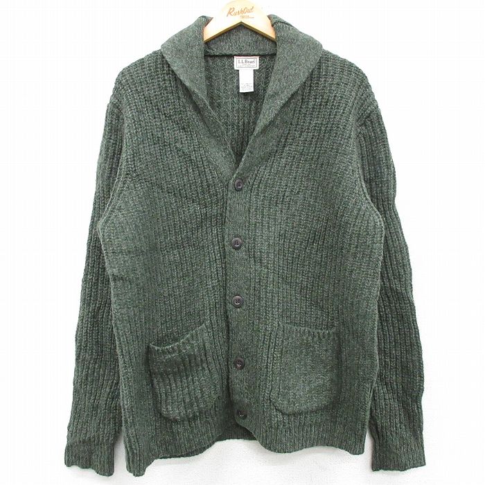 L★古着 エルエルビーン LLBEAN 長袖 ニット カーディガン メンズ 00年代 00s ラムウール 緑 グリーン 霜降り 25feb05 中古 トップス