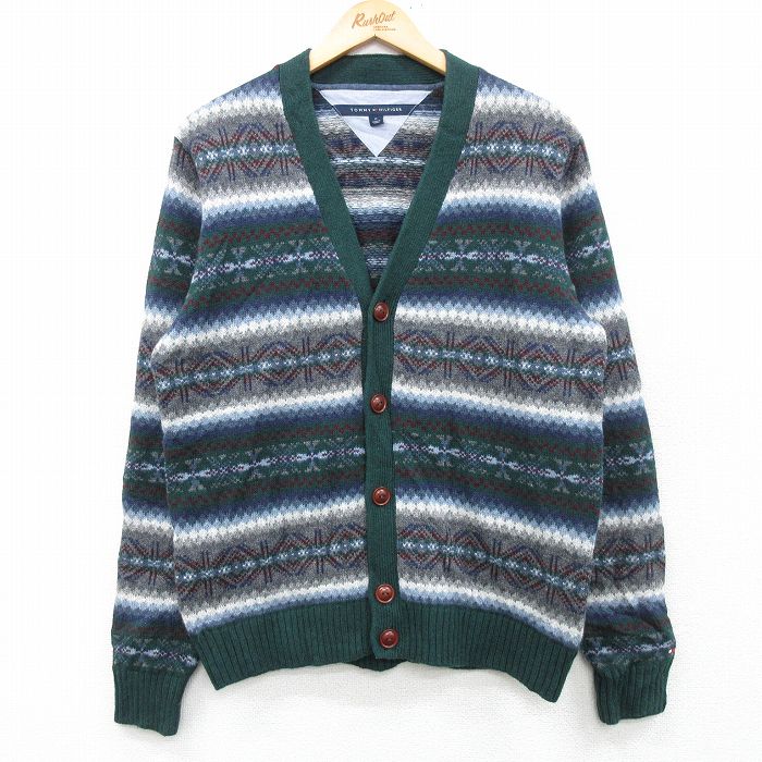 M★古着 トミーヒルフィガー TOMMY HILFIGER 長袖 ニット カーディガン メンズ 緑他 グリーン ストライプ 25feb05 中古 トップス