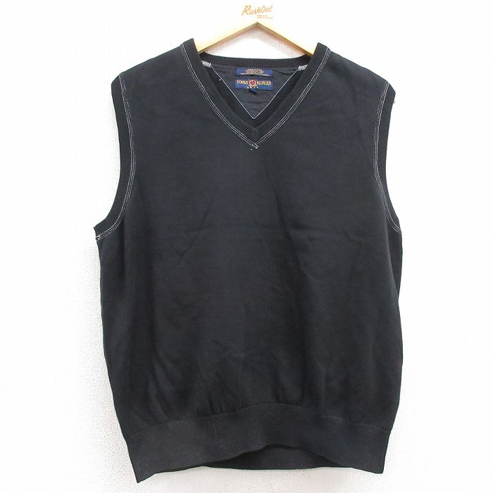 M★古着 トミーヒルフィガー TOMMY HILFIGER ゴルフ ブランド ニット ベスト メンズ コットン Vネック 黒 ブラック 25feb05 中古 トップス