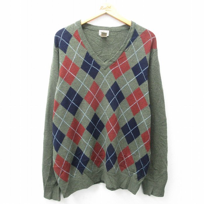 【50%OFF】XL★古着 エルエルビーン LLBEAN 長袖 セーター メンズ 00年代 00s アーガイル ラムウール Vネック 濃緑他 グリーン 25feb05 中古 ニット トップス