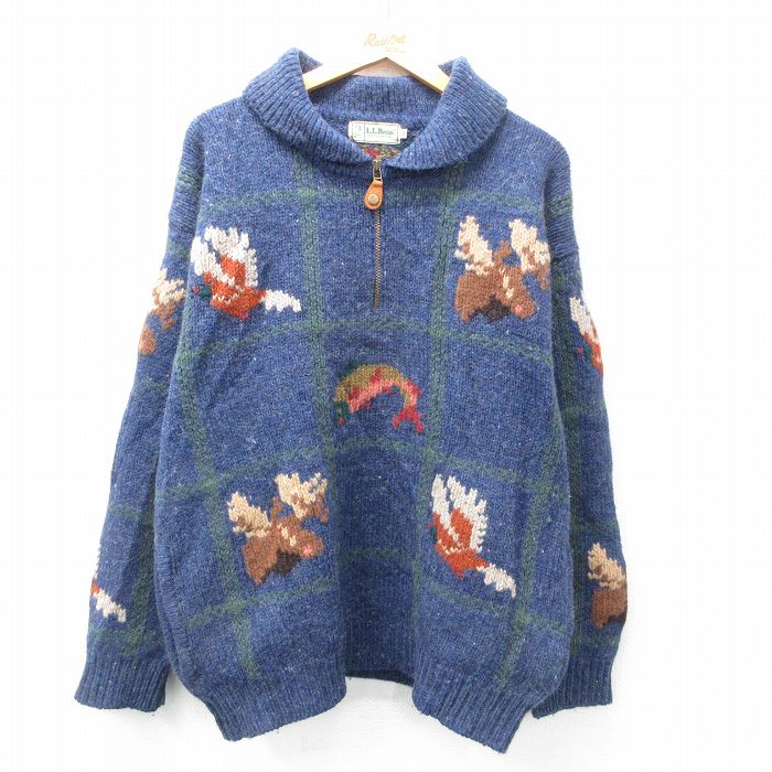 XL★古着 エルエルビーン LLBEAN 長袖 ハーフジップ セーター メンズ 80年代 80s 鳥 シカ 魚 ウール ショールカラー 紺他 ネイビー 【spe】 25feb05 中古 ニット トップス