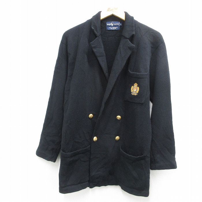 M★古着 ラルフローレン Ralph Lauren 長袖 ブランド ニット カーディガン メンズ 90年代 90s エンブレム ラムウール 黒 ブラック 【spe】 25feb05 中古 トップス