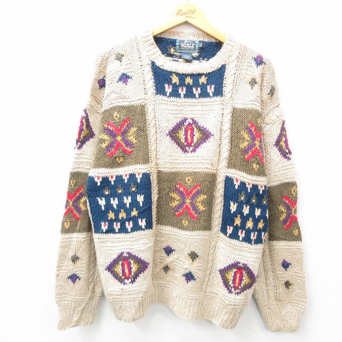 XL★古着 ウールリッチ WOOLRICH 長袖 セーター メンズ 90年代 90s 手編み ハンドニット クルーネック 生成り他 25feb05 中古 ニット トップス