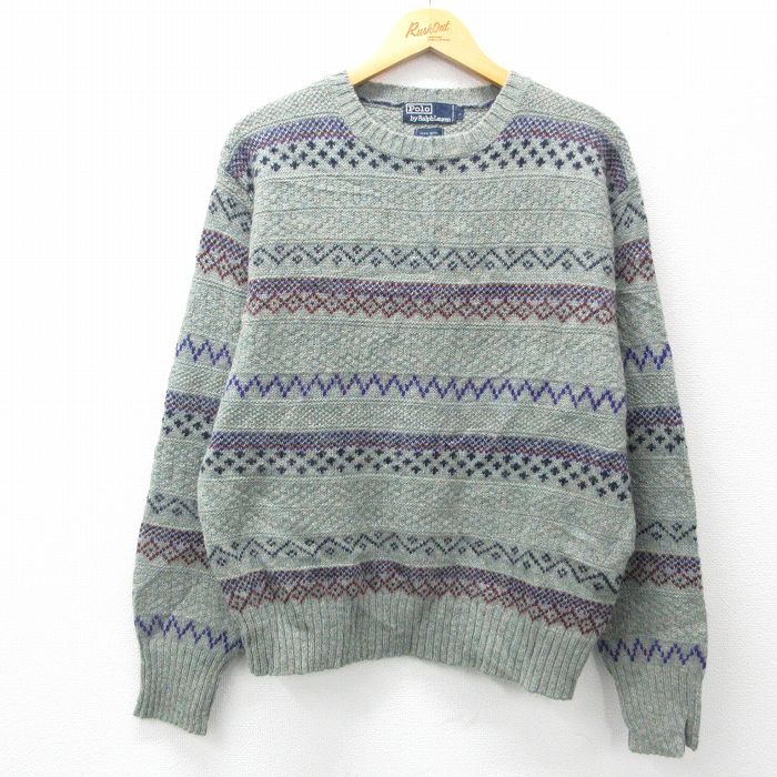 M★古着 ラルフローレン Ralph Lauren 長袖 ブランド セーター メンズ 90年代 90s フェアアイル ウール クルーネック 薄緑他 グリーン 【spe】 25feb05 中古 ニット トップス
