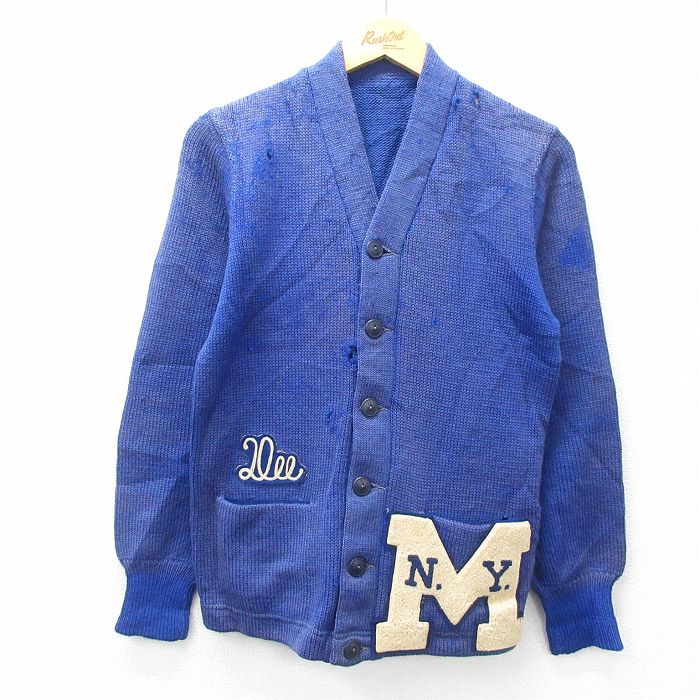 S★古着 長袖 ビンテージ レタード ニット カーディガン メンズ 60年代 60s M ウール 青 ブルー 25feb05 中古 トップス