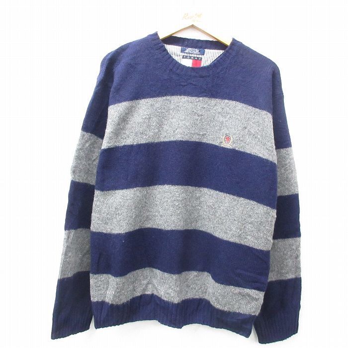 L★古着 トミーヒルフィガー TOMMY HILFIGER 長袖 ブランド セーター メンズ 90年代 90s ワンポイントロゴ シェットランドウール クルーネック 紺他 ネイビー ボーダー 25feb05 中古 ニット トップス