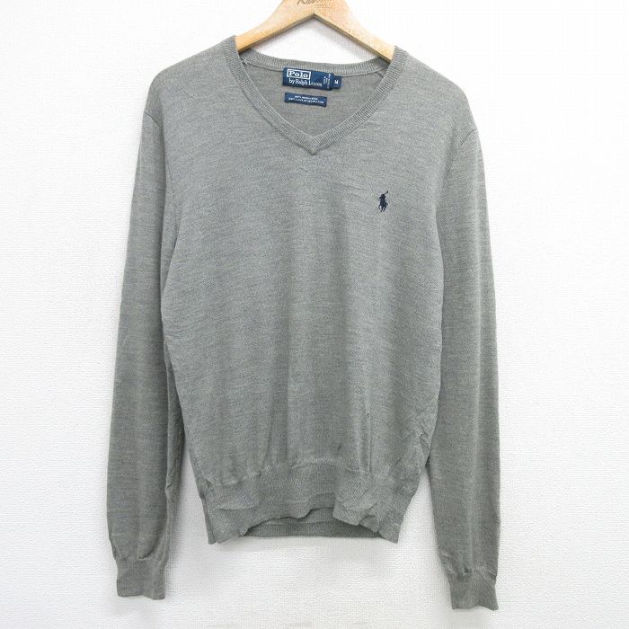 M★古着 ラルフローレン Ralph Lauren 長袖 ブランド セーター メンズ 90年代 90s ワンポイントロゴ メリノウール Vネック グレー 霜降り 25feb06 中古 ニット トップス