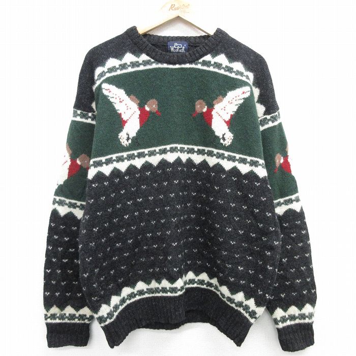 XL★古着 ウールリッチ WOOLRICH 長袖 セーター メンズ 90年代 90s 鳥 バーズアイ ウール クルーネック 黒他 ブラック 霜降り 【spe】 25feb06 中古 ニット トップス