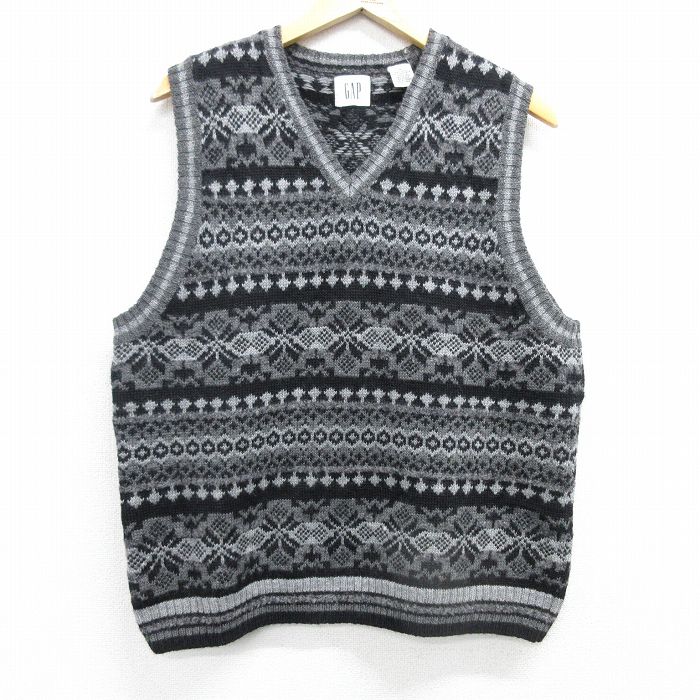 L★古着 ギャップ GAP ノルディック ニット ベスト メンズ 00年代 00s 雪柄 フェアアイル ウール Vネック 黒他 ブラック 25feb06 中古 トップス