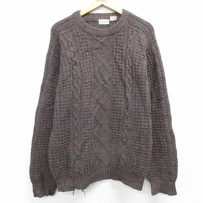 L★古着 オービス ORVIS 長袖 ケーブル セーター メンズ 80年代 80s ウール クルーネック こげ茶他 ブラウン 25feb06 中古 ニット トップス