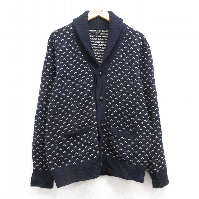 M★古着 ジェイクルー J.CREW 長袖 ニット カーディガン メンズ バーズアイ ラムウール ショールカラー 濃紺 ネイビー 25feb06 中古 トップス