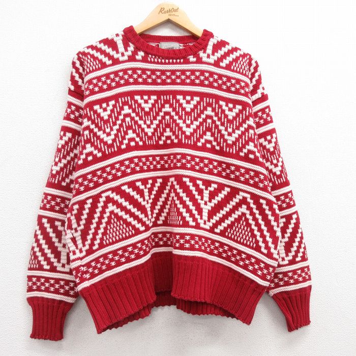 【50%OFF】L★古着 長袖 セーター メンズ 90年代 90s コットン クルーネック USA製 赤他 レッド 25feb06 中古 ニット トップス