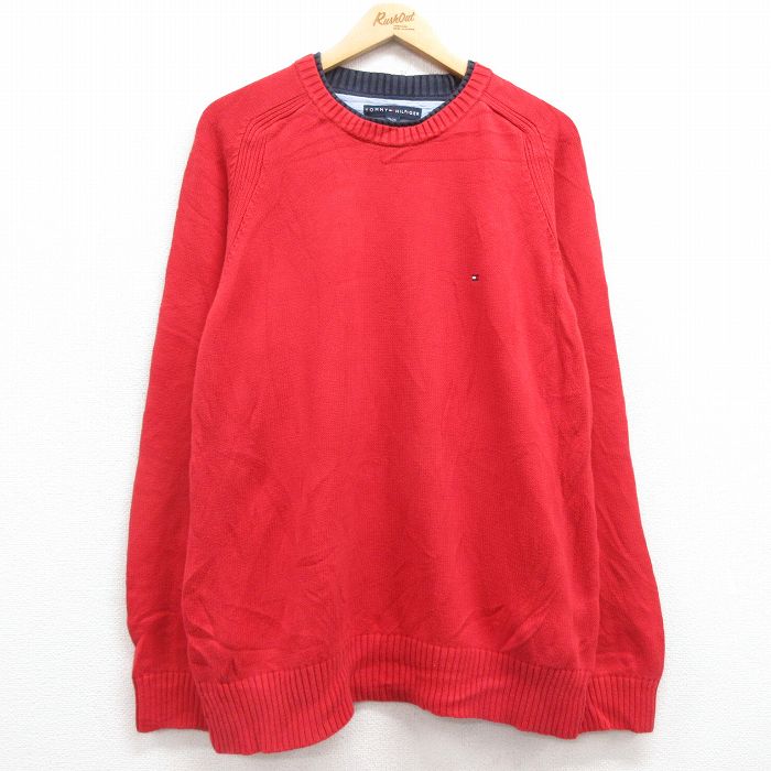 【50%OFF】XL★古着 トミーヒルフィガー TOMMY HILFIGER 長袖 ブランド セーター メンズ ワンポイントロゴ コットン クルーネック 赤 レッド 25feb06 中古 ニット トップス