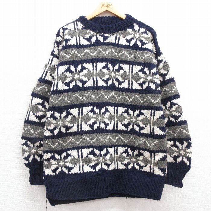 L★古着 長袖 ノルディック セーター メンズ 90年代 90s 雪柄 ハンドメイド ウール モックネック ハイネック エクアドル製 紺他 ネイビー 【spe】 25feb06 中古 ニット トップス