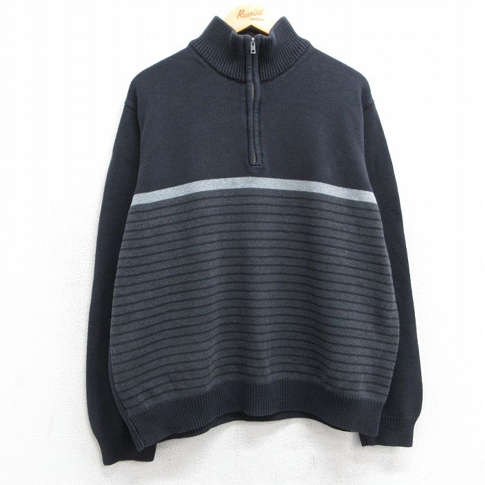 【50%OFF】XL★古着 ベーシックエディションズ 長袖 ハーフジップ セーター メンズ コットン 黒他 ブラック 25feb06 中古 ニット トップス