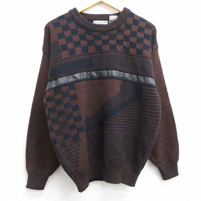 M★古着 長袖 セーター メンズ 90年代 90s レザー使用 アクリル クルーネック 茶他 ブラウン 25feb06 中古 ニット トップス