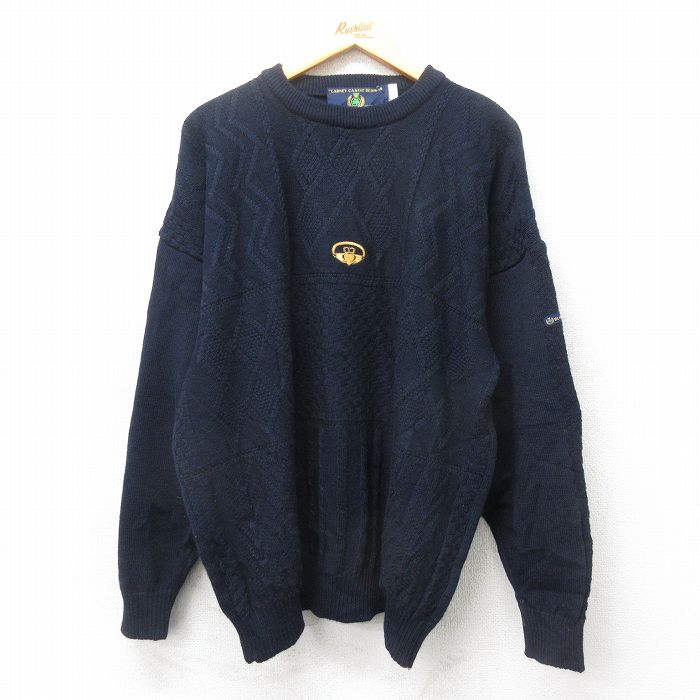 XL★古着 ブラーニー 長袖 セーター メンズ 大きいサイズ クルーネック アイルランド製 紺 ネイビー 25feb08 中古 ニット トップス