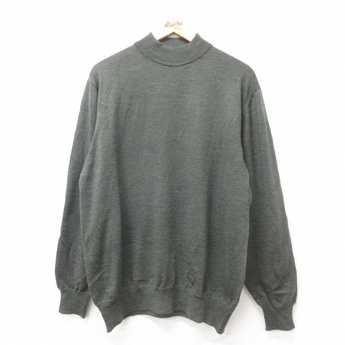 【50%OFF】L★古着 長袖 セーター メンズ 90年代 90s 無地 ウール ハイネック モックネック イタリア製 濃緑 グリーン 25feb08 中古 ニット トップス