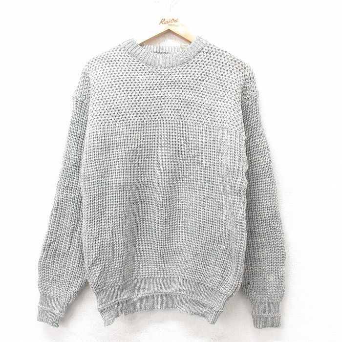 【20%OFF】M★古着 長袖 セーター メンズ 90年代 90s 無地 クルーネック グレー 25feb08 中古 ニット トップス