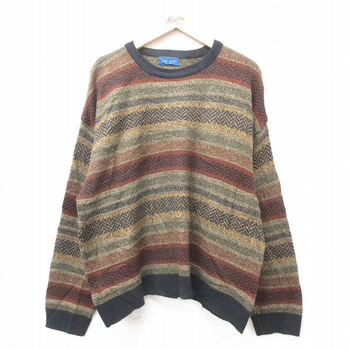 XL★古着 タウンクラフト 長袖 セーター メンズ クルーネック 茶他 ブラウン 25feb08 中古 ニット トップス