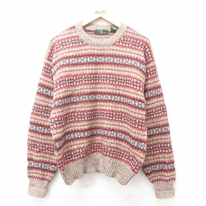 L★古着 長袖 セーター メンズ 90年代 90s シェットランドウール クルーネック エンジ他 25feb08 中古 ニット トップス