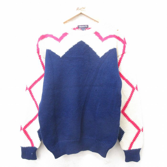 M★古着 GANT 長袖 セーター メンズ 90年代 90s ウール クルーネック 青他 ブルー 25feb08 中古 ニット トップス