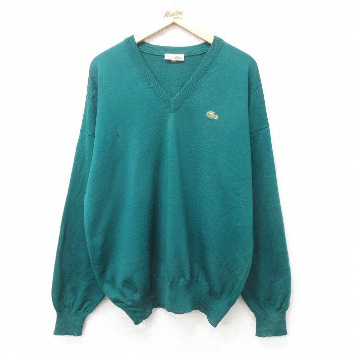 XL★古着 ラコステ LACOSTE 長袖 ブランド セーター メンズ 80年代 80s ワンポイントロゴ ウール Vネック フランス製 緑 グリーン 25feb08 中古 ニット トップス