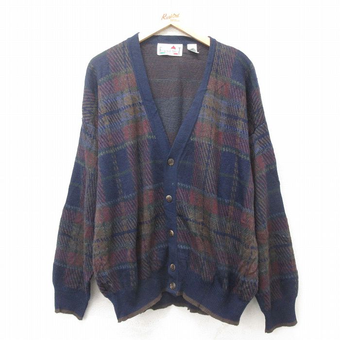 XL★古着 長袖 ニット カーディガン メンズ 90年代 90s イタリア製 紺他 ネイビー チェック 25feb08 中古 トップス