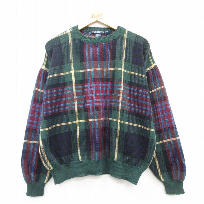 XL★古着 ノーティカ NAUTICA 長袖 ブランド セーター メンズ 90年代 90s コットン クルーネック 緑他 グリーン チェック 【spe】 25feb08 中古 ニット トップス