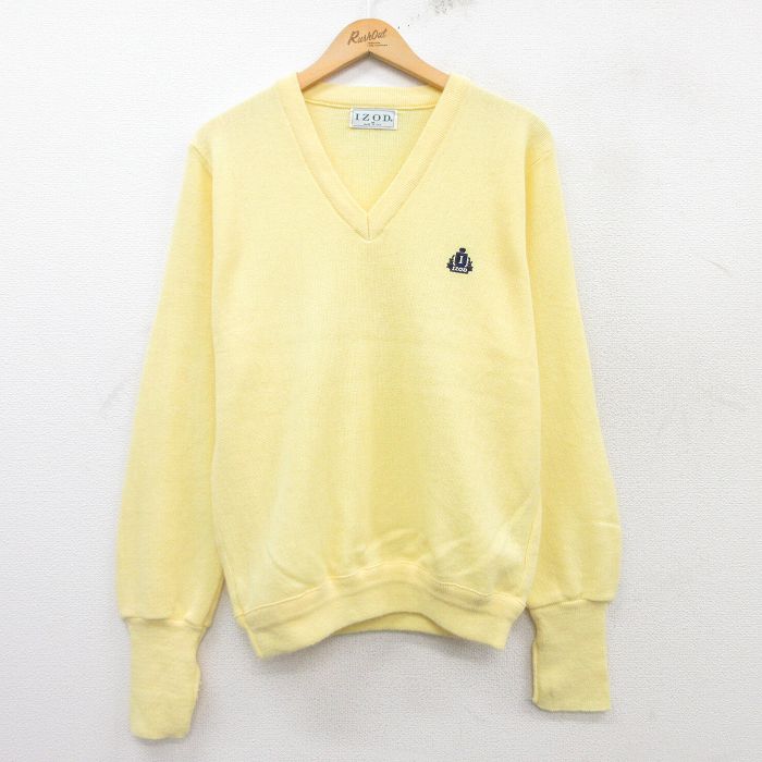 M★古着 IZOD 長袖 セーター メンズ 90年代 90s ワンポイントロゴ アクリル Vネック USA製 黄 イエロー 25feb08 中古 ニット トップス