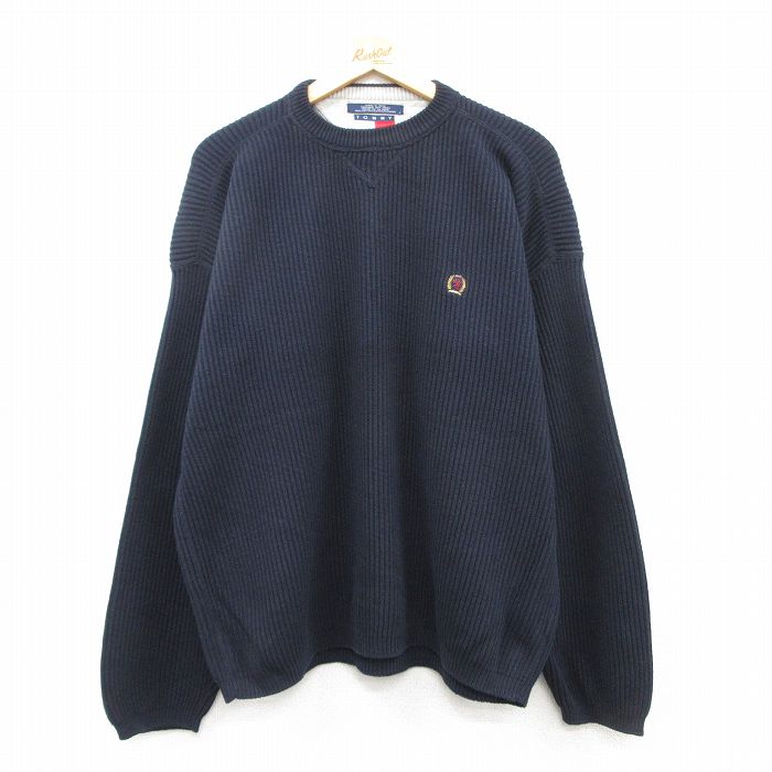 XL★古着 トミーヒルフィガー TOMMY HILFIGER 長袖 ブランド セーター メンズ 90年代 90s ワンポイントロゴ コットン クルーネック 紺 ネイビー 25feb08 中古 ニット トップス