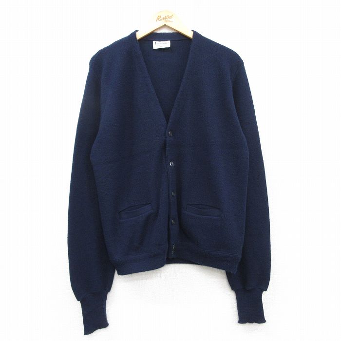 L★古着 長袖 ニット カーディガン メンズ 80年代 80s 無地 アクリル USA製 紺 ネイビー 25feb08 中古 トップス