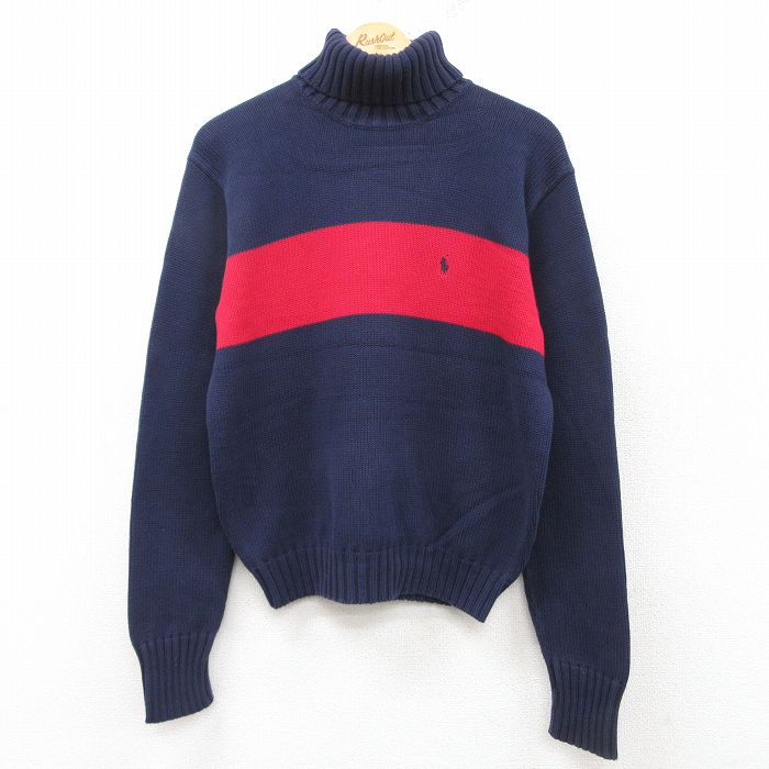 M★古着 ラルフローレン Ralph Lauren 長袖 ブランド セーター メンズ 90年代 90s ワンポイントロゴ ツートンカラー コットン タートルネック ハイネック 紺他 ネイビー 【spe】 25feb08 中古 ニット トップス