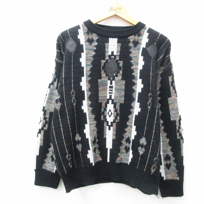 【50%OFF】L★古着 長袖 セーター メンズ 90年代 90s ネイティブ柄 ラグ柄 レザー使用 アクリル クルーネック 黒他 ブラック 25feb08 中古 ニット トップス