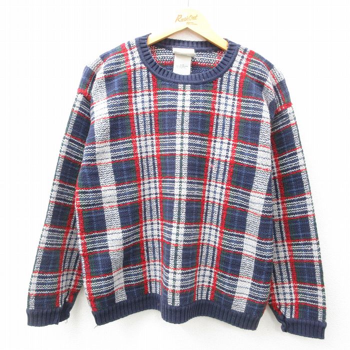 【50%OFF】M★古着 長袖 セーター メンズ 00年代 00s クルーネック 紺他 ネイビー チェック 25feb08 中古 ニット トップス