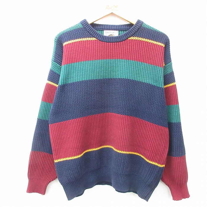 【20%OFF】M★古着 長袖 セーター メンズ コットン クルーネック 紺他 ネイビー ボーダー 25feb08 中古 ニット トップス