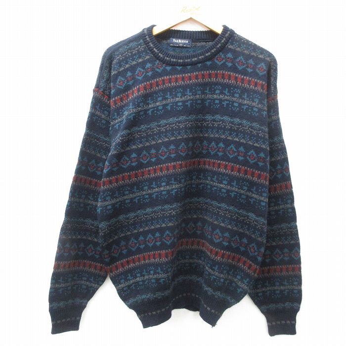 M★古着 バンヒューセン 長袖 セーター メンズ 90年代 90s フェアアイル アクリル クルーネック 紺他 ネイビー 25feb08 中古 ニット トップス